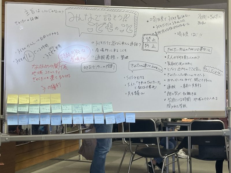 「みんなで話そう こどものこと」と書かれ、意見の付箋が並ぶホワイトボード